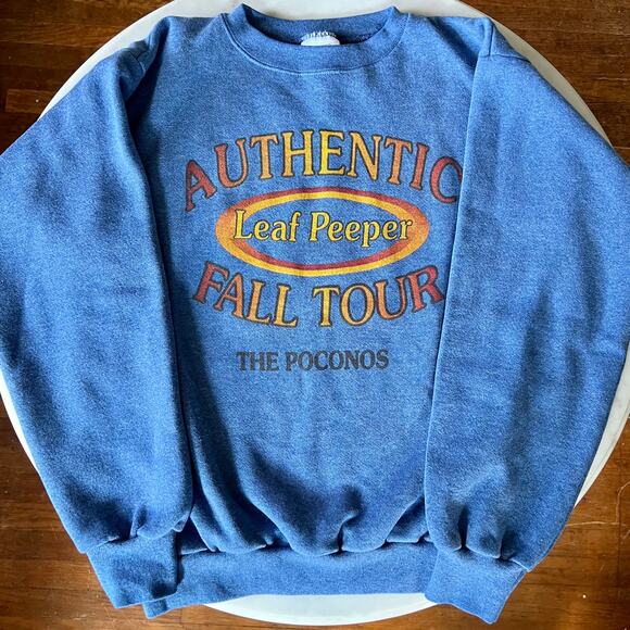 Vintage 90s Poconos Fall Tour Leaf Peeper Heather Blue Crewneck Sweatshirt - Picture 1 of 8
